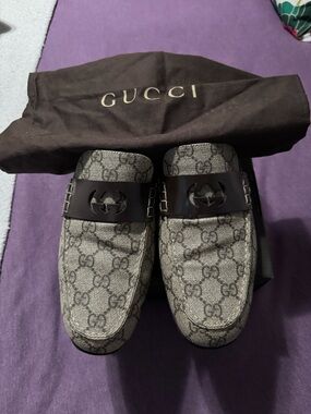 Gucci Gray GG Canvas Loafers with Black Leather Strap
